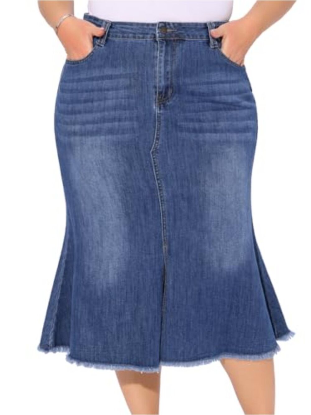 Plus Size High Waist Denim Fishtail Midi Skirt with Front Slit